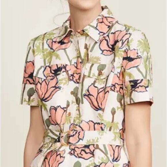 Tory Burch Derrick Poplin Shirt Dress in Pink Poppies Bloom - Picture 4 of 9